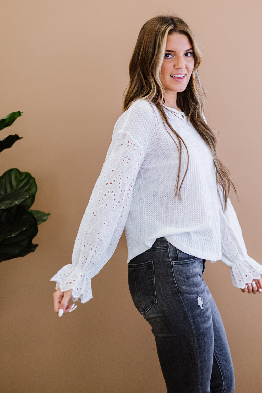 AMOLI Yet to Be Waffle Knit Eyelet Sleeve Top