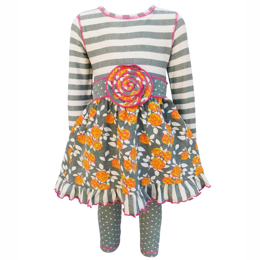 Boutique Grey Floral & Striped Dress & Polka Dot Leggings Clothing Set - 99fab 