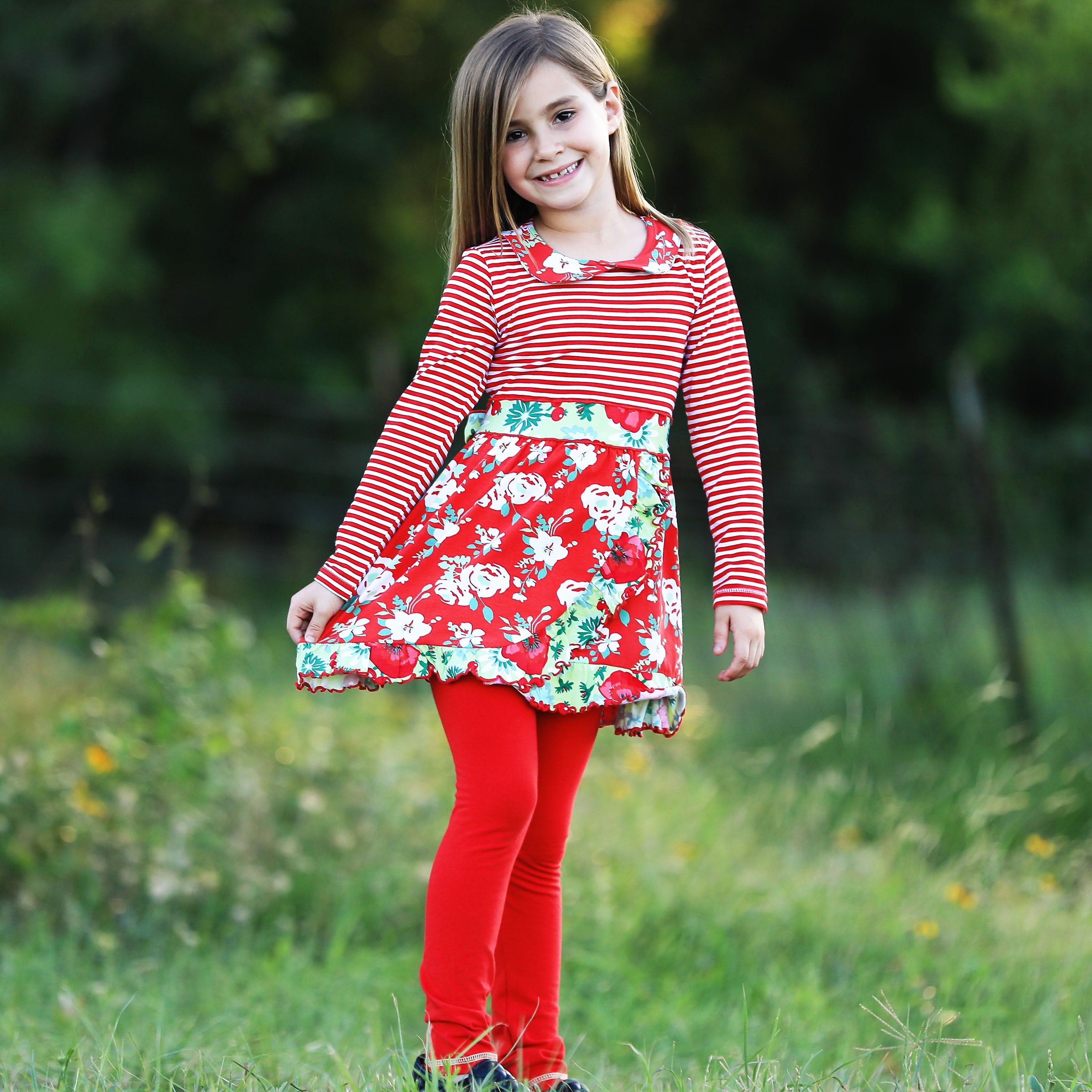 Little & Big Girls Boutique Red Christmas Floral Holiday Dress Legging Set