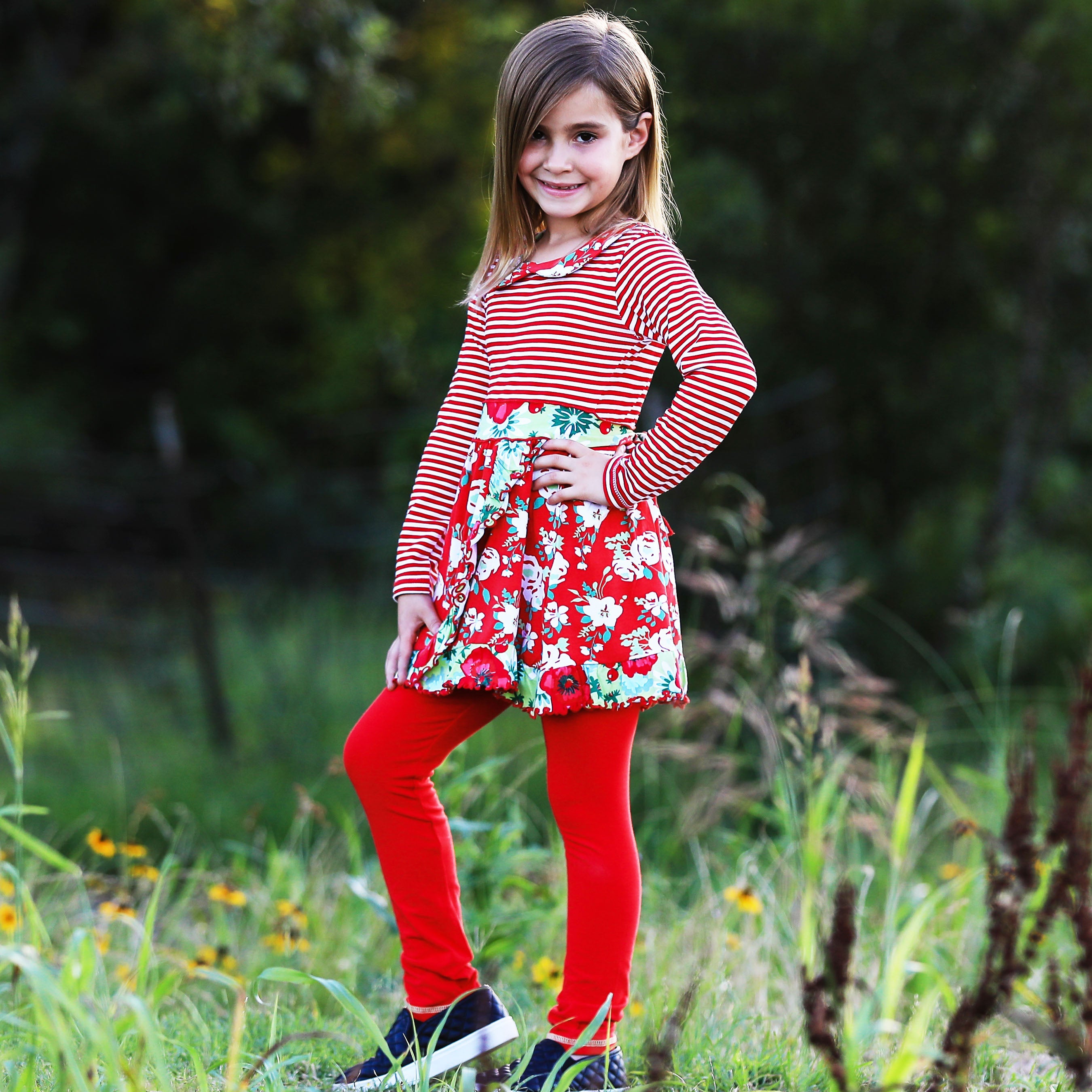 Little & Big Girls Boutique Red Christmas Floral Holiday Dress Legging Set