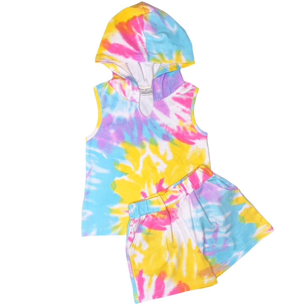 Girls Candy Pastel Tie Dye Cotton Hoodie Tank and Shorts Set - 99fab 