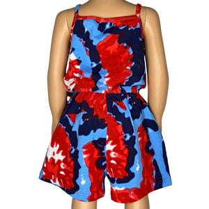 Big Little Girls Red White and Blue Tie Dye Shorts Jumpsuit Summer One Piece Outfit