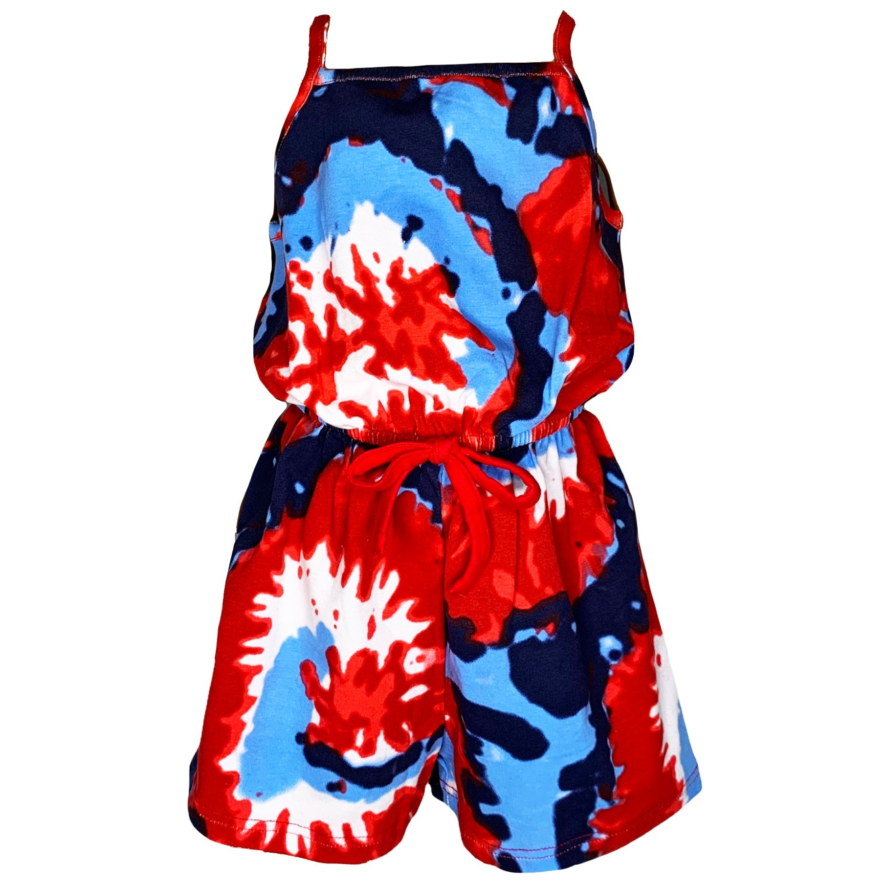 Big Little Girls Red White and Blue Tie Dye Shorts Jumpsuit Summer One Piece Outfit