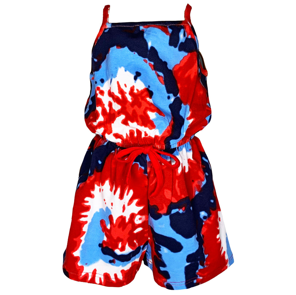 Big Little Girls Red White and Blue Tie Dye Shorts Jumpsuit Summer One Piece Outfit - 99fab 