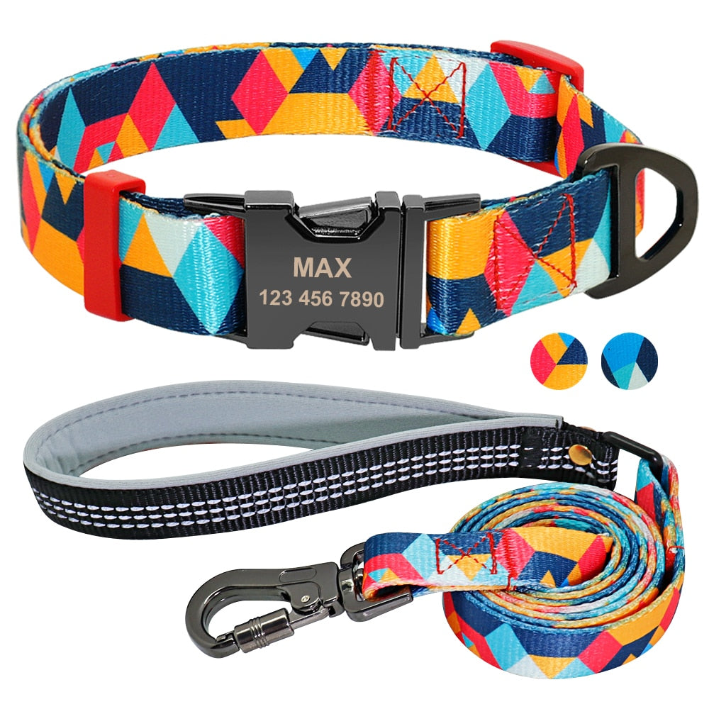 Nylon Dog Collar Leash Set Soft Personalized Custom Pet Name ID Collar Free Engraving