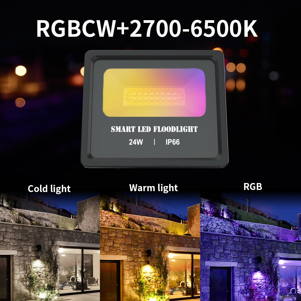 24W Smart LED Flood Light RGB Reflector Outdoor Spotlight IP66 Waterproof