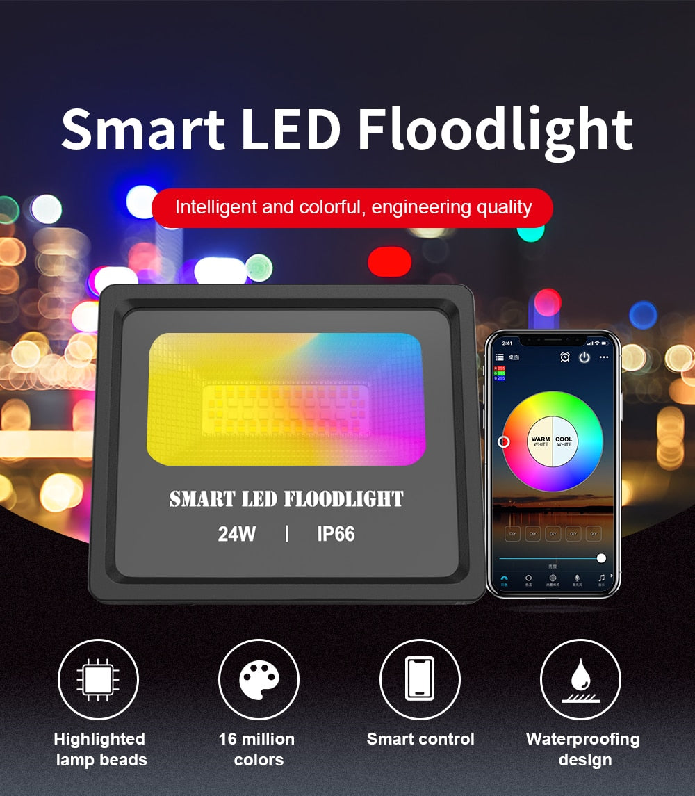 24W Smart LED Flood Light RGB Reflector Outdoor Spotlight IP66 Waterproof