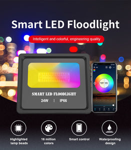 24W Smart LED Flood Light RGB Reflector Outdoor Spotlight IP66 Waterproof