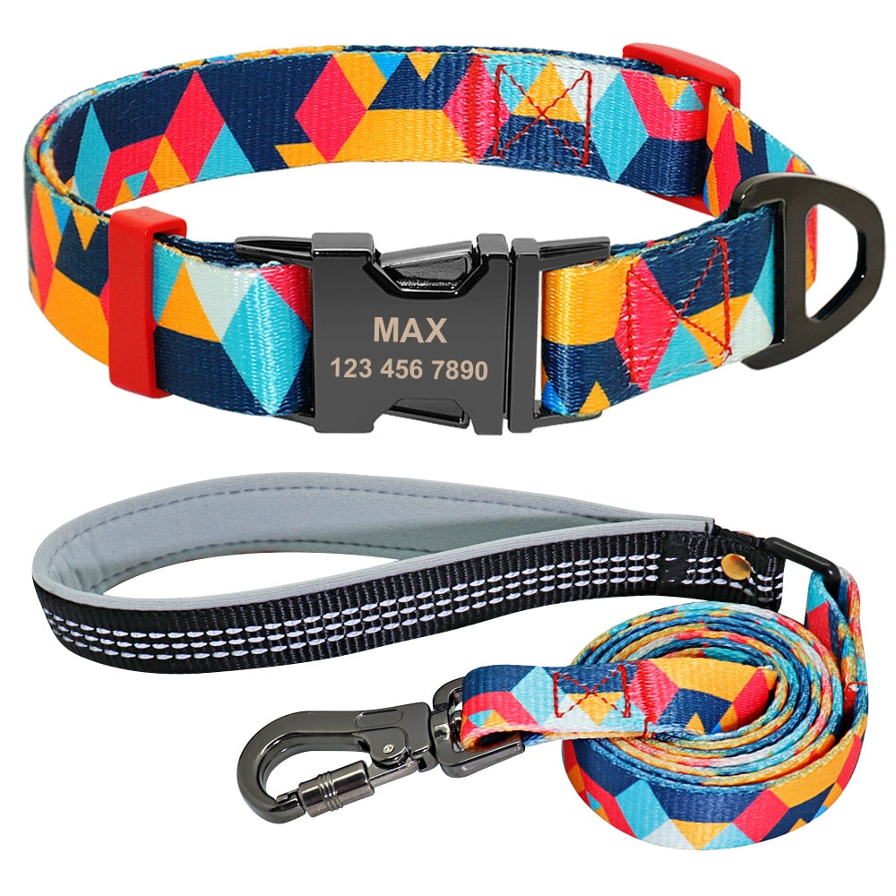 Nylon Dog Collar Leash Set Soft Personalized Custom Pet Name ID Collar Free Engraving