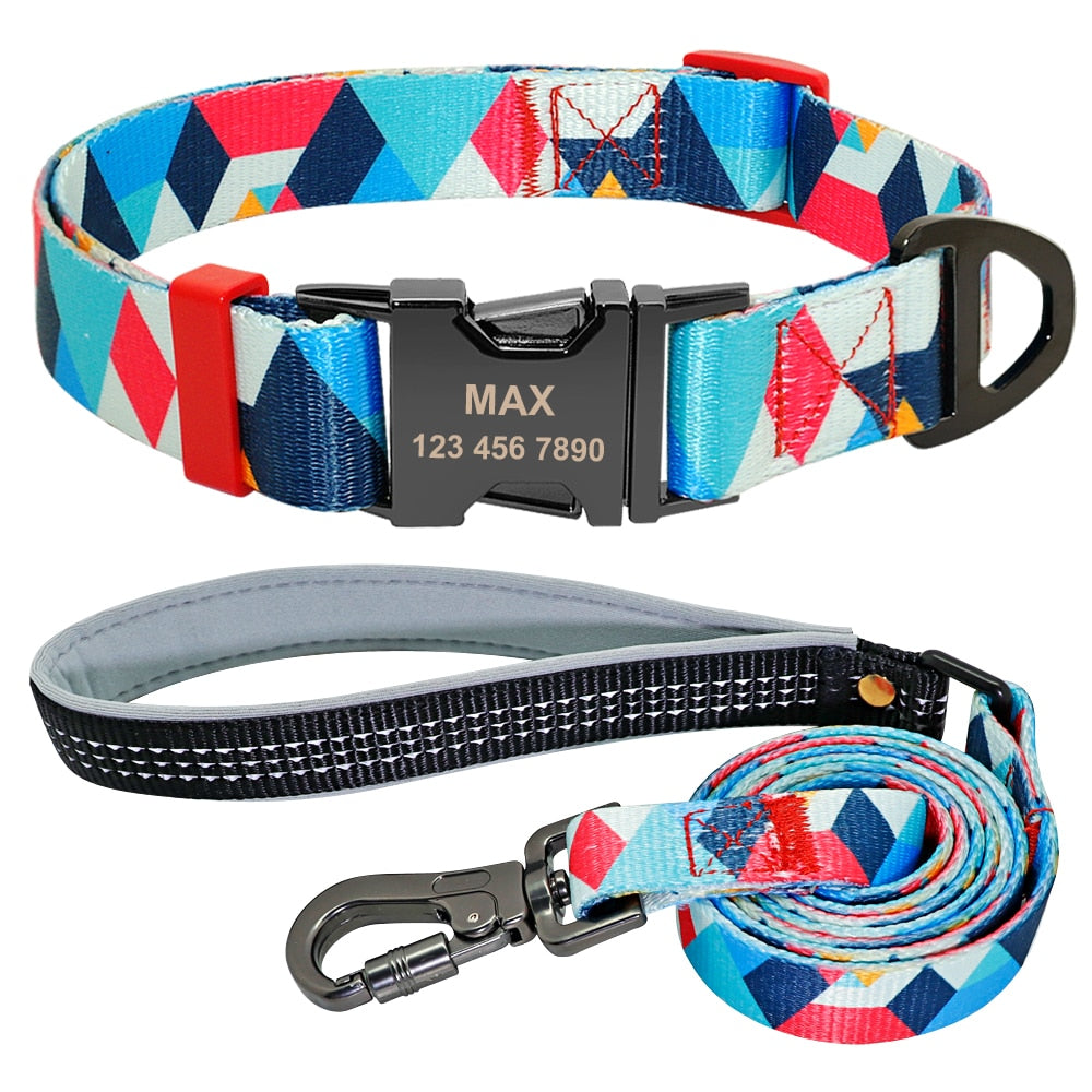 Nylon Dog Collar Leash Set Soft Personalized Custom Pet Name ID Collar Free Engraving