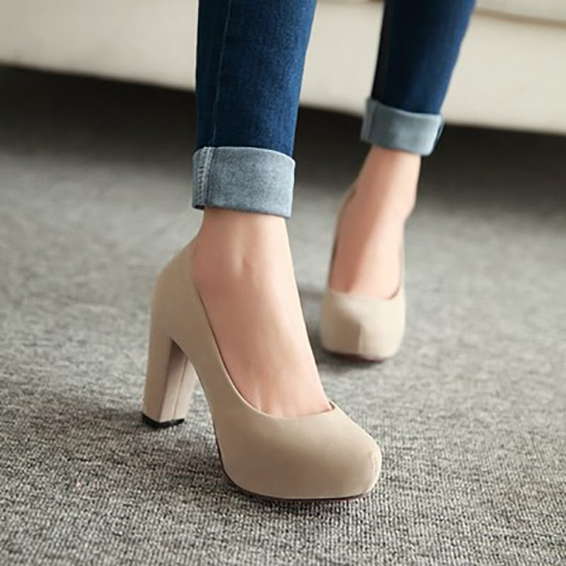 Women Pumps Fashion Shallow Thick High Heels Round Toe Shoes - 99fab 