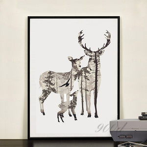 Silhouette of Deer Family with Pine Forest Canvas Art Print Painting Poster - wall art - 99fab.com