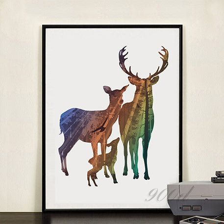 Silhouette of Deer Family with Pine Forest Canvas Art Print Painting Poster - wall art - 99fab.com