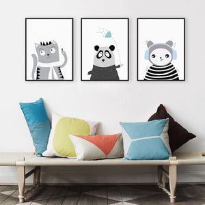 Triptych Black White Kawaii Animals Panda Cat A4 Art Prints Poster - art - 99fab.com
