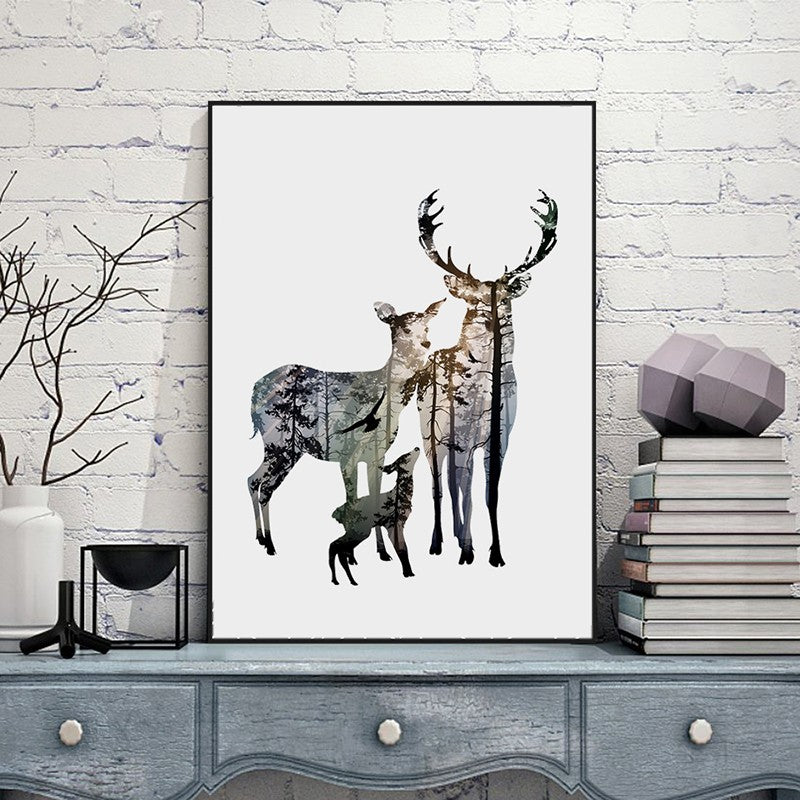 Silhouette of Deer Family with Pine Forest Canvas Art Print Painting Poster - wall art - 99fab.com