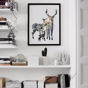 Silhouette of Deer Family with Pine Forest Canvas Art Print Painting Poster - wall art - 99fab.com