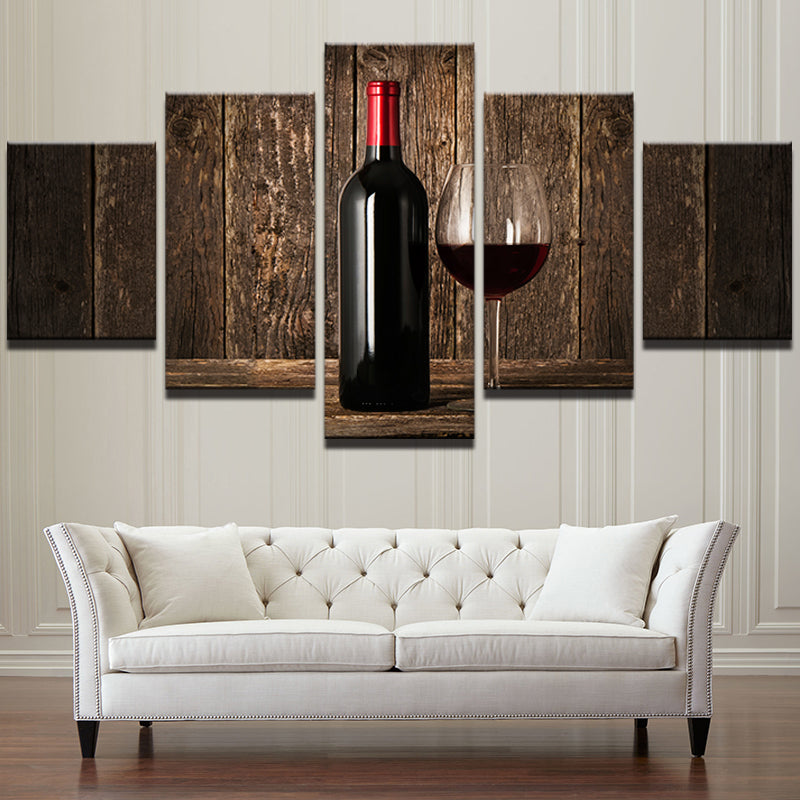 Vintage 5 Panels Red Wine And Wine Bottle Canvas Wall Art - wall canvas - 99fab.com