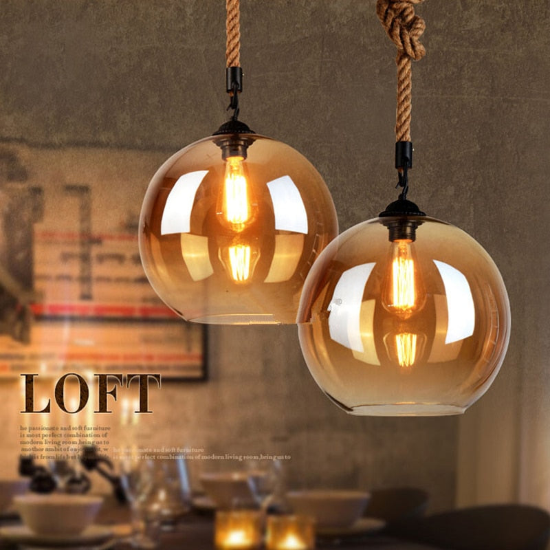 Loft Vintage retro Industrial Glass Ball Hemp rope Pendant Lights E27 lamp - pendant lamp - 99fab.com