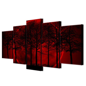 5 Panel Red Moon Sky Psychedelic Forest Painting Modern Canvas Wall Art - wall canvas - 99fab.com