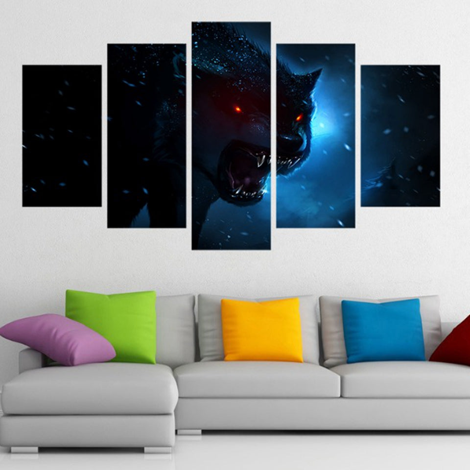 5 Pieces Animal Luminous Anger Wolf Painting HD Prints - wall art - 99fab.com