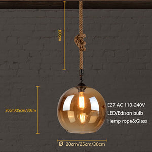 Loft Vintage retro Industrial Glass Ball Hemp rope Pendant Lights E27 lamp - pendant lamp - 99fab.com