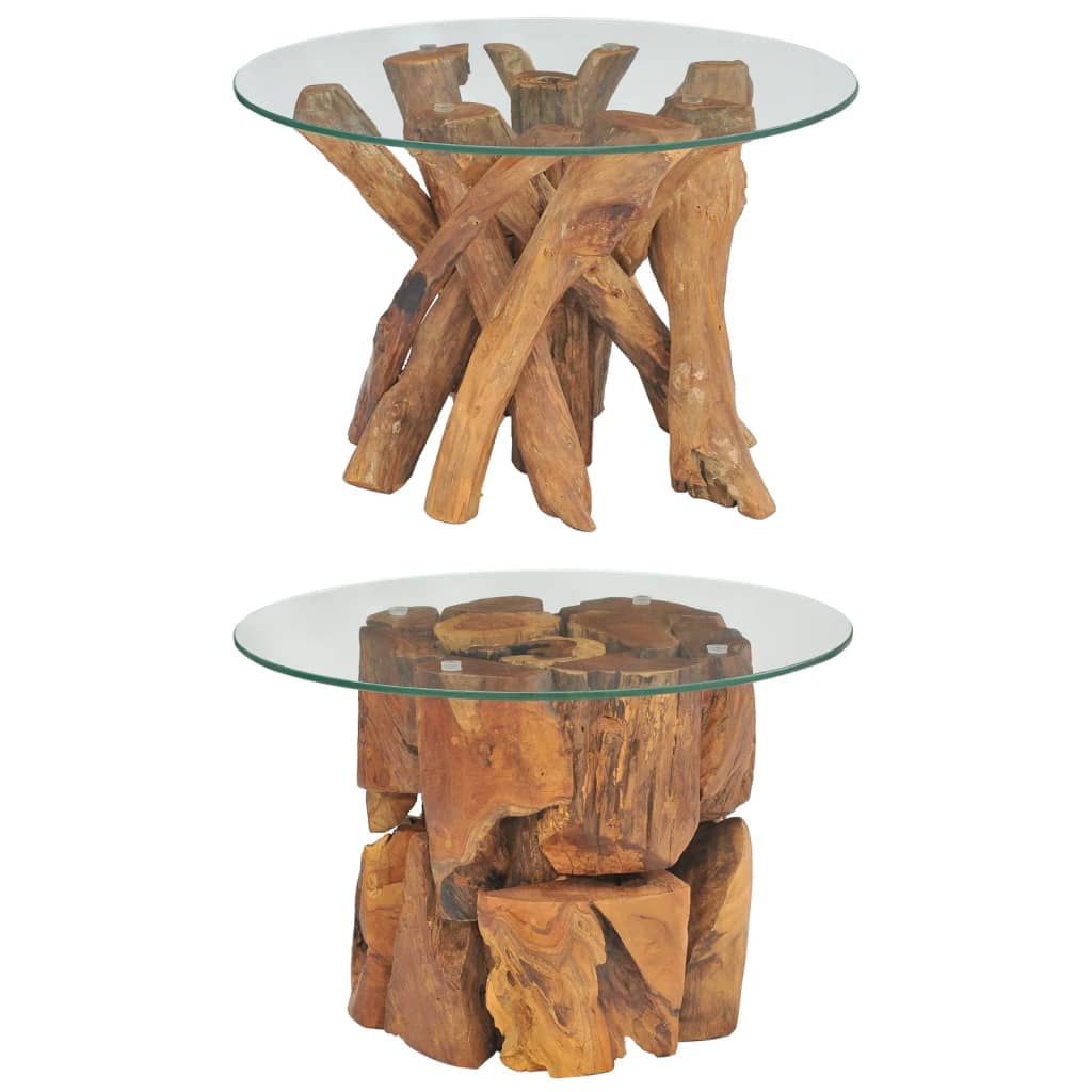 vidaXL Coffee Table Round End Table with Glass Tabletop Solid Teak Driftwood-1