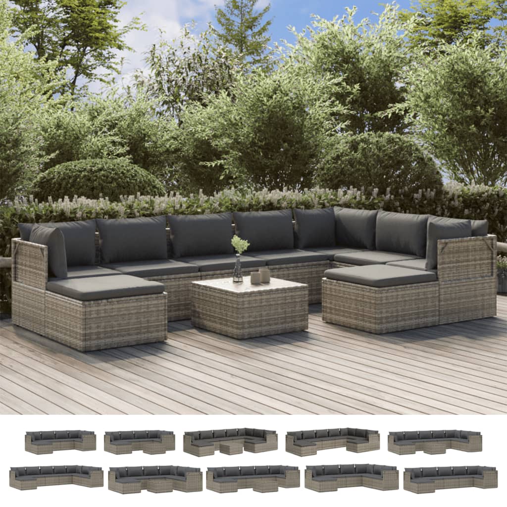 vidaXL 8 Piece Patio Lounge Set with Cushions Gray Poly Rattan-0