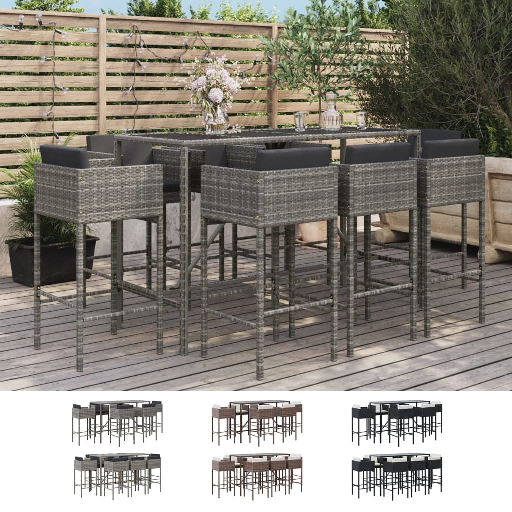 vidaXL Patio Bar Set Outdoor Wicker Table and Stool with Cushions Poly Rattan-8