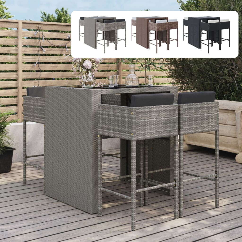 vidaXL Patio Bar Set 5 Piece Wicker Table and Stool with Cushions Poly Rattan-8