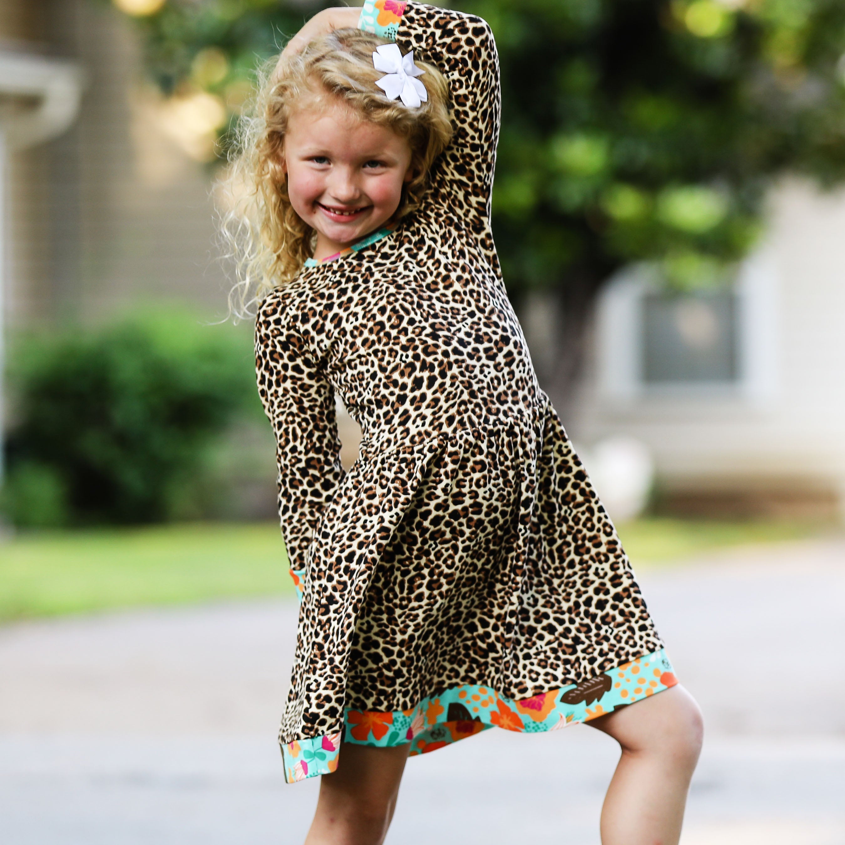 Little & Big Girls Long Sleeve Leopard Rose Fall Floral Dress Boutique Sizes 2/3T - 9/10