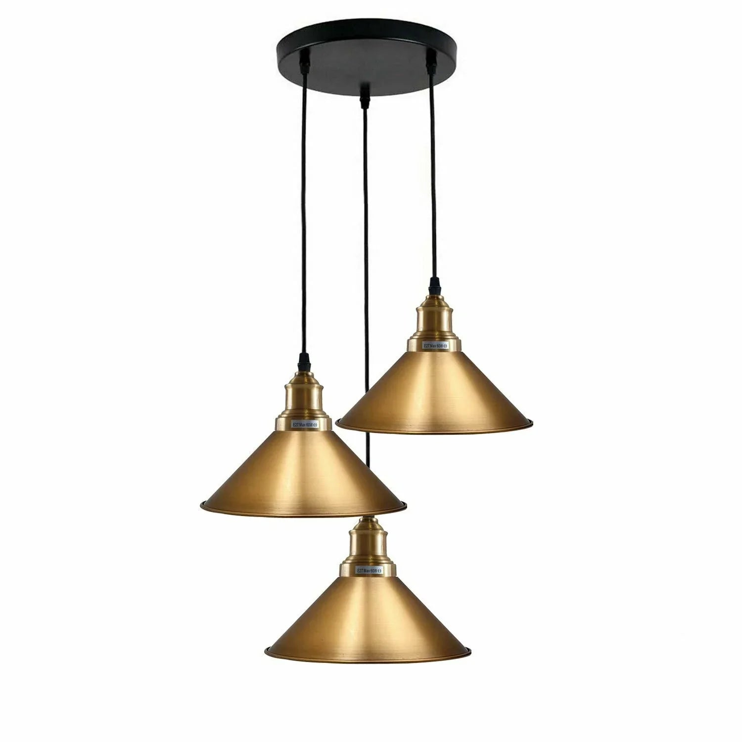 Yellow Brass Industrial 3-Light Hanging Pendant Light Light Fixture Cone Shade~1518